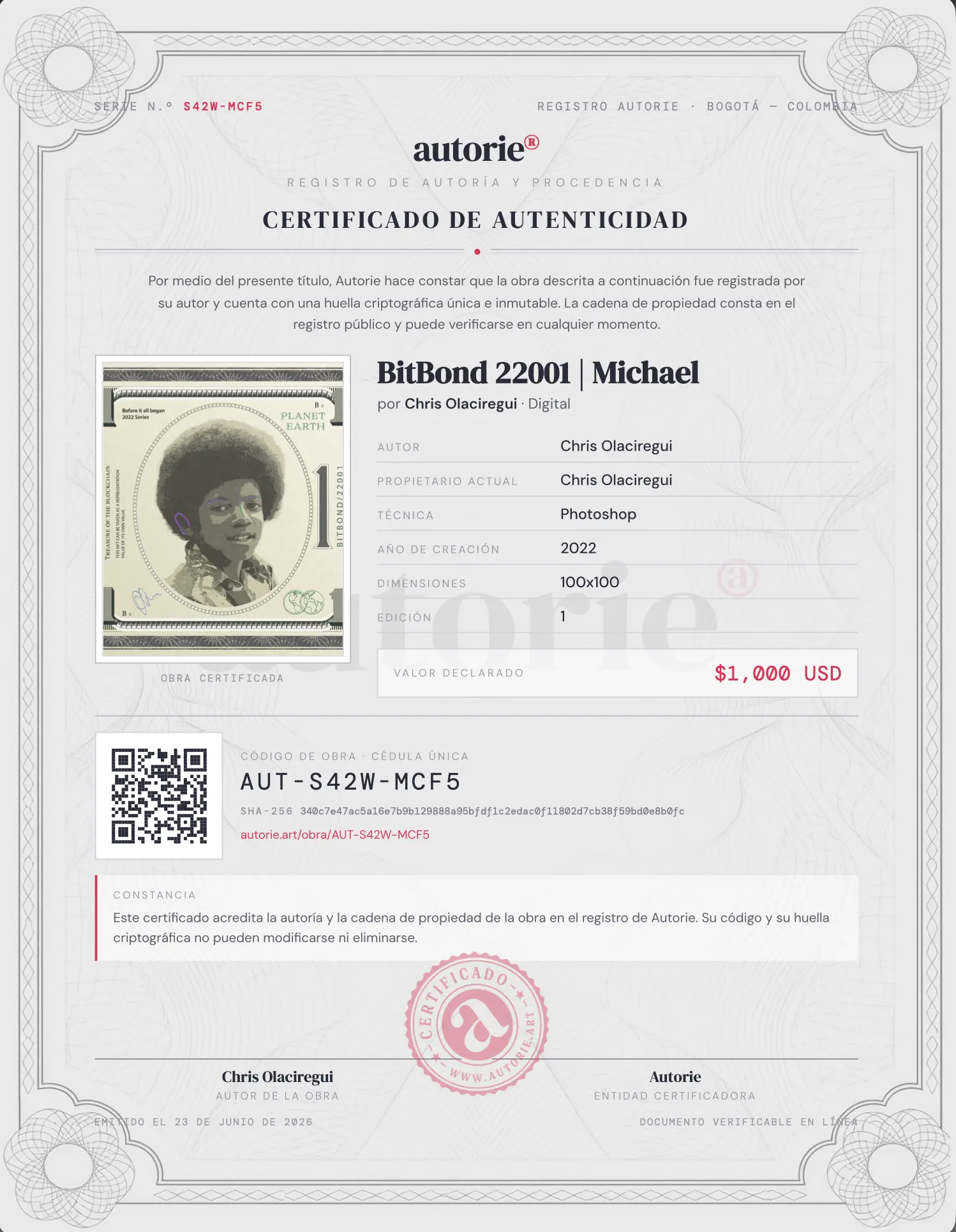 Certificado de autenticidad de Autorie en PDF